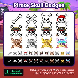 May include: A set of 10 pirate skull badges in various colors and styles, including a white skull with crossed bones, a red skull with a bandana, and a gold skull with a crown. The badges are available in four sizes: 18x18, 36x36, 72x72, and 512x512 pixels.