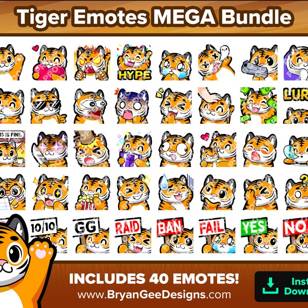 Tiger Twitch Emotes MEGA Bundle pour le streaming, Youtube Emotes, Discord Emotes, Kick Emotes, TikTok Emotes, Rumble Emotes, Emojis