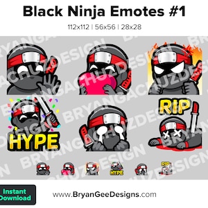 Black Ninja Twitch Emotes for Streaming Wave Love Rage HYPE Sad RIP Youtube Emotes Discord Stickers