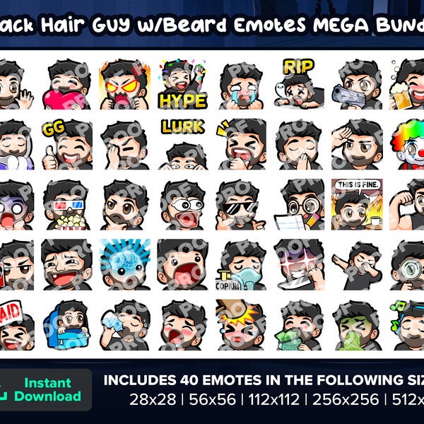 Black Hair Guy with Beard Twitch Emotes MEGA Bundle for Streaming, Youtube Emotes, Discord Emotes, Kick Emotes, TikTok Emotes, Rumble Emotes
