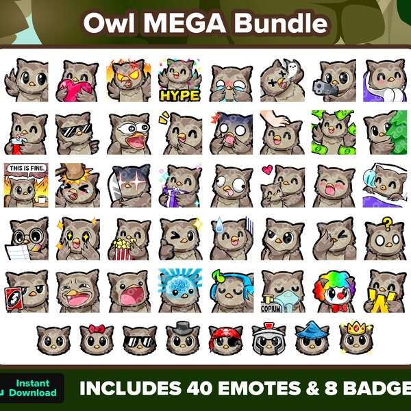 Owl Twitch Emotes & Badges MEGA Bundle para streaming, gestos de Youtube, gestos de discordia, gestos de patada, gestos de TikTok, gestos de Rumble