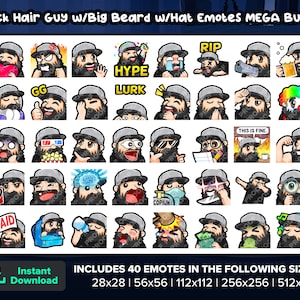 Black Hair Guy with Big Beard with Front Hat Twitch Emotes MEGA Bundle for Streaming, Youtube Emotes, Discord Emotes, Kick Emotes