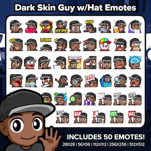 Dark Skin Guy with Hat Twitch Emotes MEGA Bundle for Streaming on Youtube, Discord, Kick, TikTok, Rumble | Guy Emojis | P2U Premade Emojis
