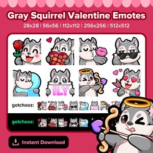 Gray Squirrel Valentine Twitch Emotes for Streaming | Emotes for Youtube, Discord, Tiktok, Kick, Rumble | Premade Emotes P2U Pay to Use
