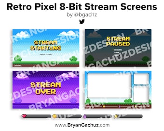 May include: Four pixel art screens for streaming, with a blue sky and green grass background. The screens show the text "Stream Starting", "Stream Paused", "Stream Over", and a blank screen with a smaller screen in the top right corner. The bottom of the image shows a progress bar with a heart, coin, teardrop, and star.