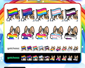 Könnte beinhalten: Ein Set digitaler Pride-Flaggen-Emojis mit einem Cartoon-Corgi-Hund, der verschiedene Pride-Flaggen und Herzen hält. Die Emojis sind in verschiedenen Größen erhältlich, darunter 28x28, 56x56, 112x112, 256x256 und 512x512 Pixel.