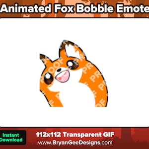 以下が含まれることがあります： オレンジ色の毛皮、白いお腹、黒い目をしたキツネのボブルヘッドのアニメーションGIF。キツネは右を見て、口を開けています。GIFは112ピクセル×112ピクセルで、透明です。