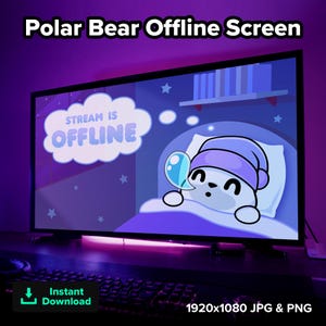 May include: A digital illustration of a polar bear sleeping on a pillow, with the text "STREAM IS OFFLINE" in a cloud-shaped speech bubble. The screen displays a purple and blue background with stars and a shelf. The image is labeled "Polar Bear Offline Screen."