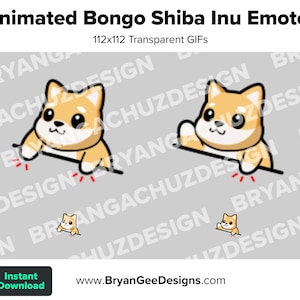 May include: Animated Bongo Shiba Inu Emotes in a transparent GIF format. The image shows two Shiba Inu dog illustrations in light brown and white. The text "Animated Bongo Shiba Inu Emotes" is at the top. The website address is www.BryanGeeDesigns.com.