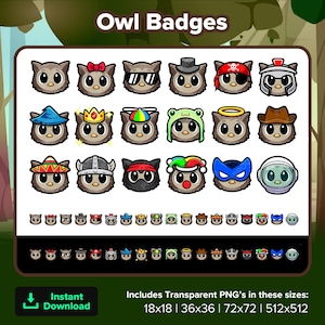 Könnte beinhalten: Ein Set mit 36 Eulen-Abzeichen in verschiedenen Farben und Designs. Die Abzeichen zeigen Eulen, die verschiedene Hüte tragen, darunter eine Krone, einen Cowboyhut, einen Sombrero und einen Weihnachtsmann-Hut. Die Abzeichen sind in vier Größen erhältlich: 18x18, 36x36, 72x72 und 512x512 Pixel.