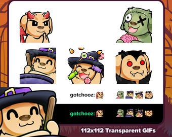 Animated Golden Dog Halloween Emotes Sneaky Devil, Jason Chase, Zombie Nom, Cauldron, Candy Hype, Vampire POP for Streaming Twitch Discord