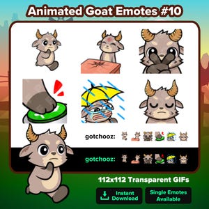 Könnte beinhalten: Eine Sammlung animierter Ziegen-Emotes in verschiedenen Posen und Ausdrücken. Die Emotes zeigen eine Ziege mit traurigem Gesicht, eine Ziege unter einem Regenschirm und eine Ziege, die einen Knopf drückt. Der Text "Animated Goat Emotes #10" steht oben.