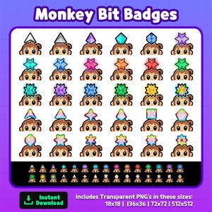 Könnte beinhalten: Eine Sammlung von Cartoon-Affen-Abzeichen mit verschiedenen edelsteinartigen Kopfbedeckungen in verschiedenen Farben. Der Text "Monkey Bit Badges" steht oben. Das Bild enthält den Text "Instant Download" und Größeninformationen für transparente PNGs.