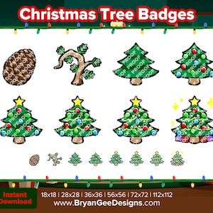 Puede incluir: Un conjunto de 10 insignias de árboles de Navidad en varios tamaños, que van desde 18x18 hasta 112x112 píxeles. Las insignias presentan diferentes estilos de árboles de Navidad, incluyendo un simple pino, un árbol decorado con adornos y un árbol con regalos debajo. Las insignias son perfectas para agregar un toque festivo a tus diseños digitales.