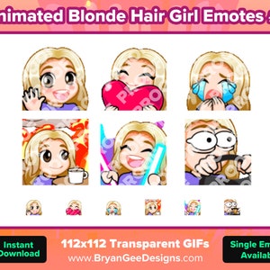 Animated Blonde Hair Girl Twitch Emotes Wave Love Sad Cry This is Fine Rave Dance Steer for Streaming Kick, Discord, Rumble