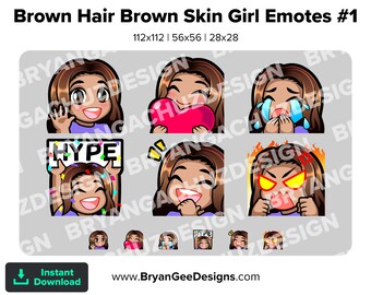 Cute Chibi Kawaii Wave, Love, Sad, LUL, Hype and Rage Brunette / Brown Hair Brown Skin Girl Emotes for Twitch, Discord or Youtube