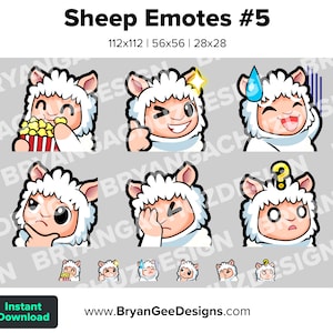 Sheep Twitch Emotes for Streaming Popcorn Snack Wink Nervous Sweat Think Facepalm Confused Youtube Emotes Discord Stickers Lamb Emotes