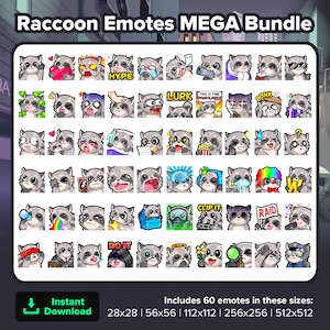 MEGA Bundle d'émoticônes Twitch raton laveur pour le streaming, émoticônes Youtube, émoticônes Discord, émoticônes Kick, émoticônes TikTok, émoticônes Rumble, emojis prédéfinis