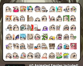 Animated Sloth Emotes Mega Bundle – 60 Cute GIF Emotes for Twitch Discord Kick YouTube | Streamer Pack Cute Sloth Emotes