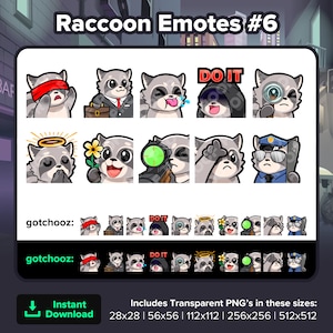 Raccoon Twitch Emotes Blind Business Tongue Do It SUS Pray Flower Sniper L Cop for Streaming Youtube Discord TikTok Kick Rumble P2U Emotes