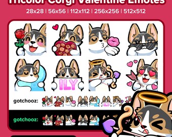 Könnte beinhalten: Ein Set aus neun digitalen Emojis zum Valentinstag mit einem dreifarbigen Corgi-Hund in verschiedenen Posen. Die Emojis zeigen den Hund, der eine Rose, ein Herz aus Schokolade, einen herzförmigen Lolli, eine Sonnenbrille, ein Schild mit der Aufschrift "ILY", einen Pfeil und Bogen sowie Herzen hält. Die Emojis sind in verschiedenen Größen erhältlich, darunter 28x28, 56x56, 112x112, 256x256 und 512x512 Pixel.