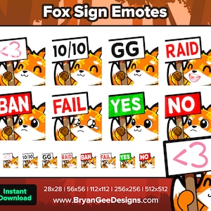 Könnte beinhalten: Eine Sammlung digitaler Fuchs-Emotes, die Schilder mit verschiedenen Texten und Symbolen halten. Emotes sind "<3", "10/10", "GG", "RAID", "BAN", "FAIL", "YES" und "NO". Die Emotes sind orange und weiß.