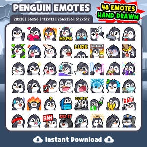 Puede incluir: Colección de 48 emoticonos de pingüinos dibujados a mano con diversas expresiones. Los emoticonos están disponibles en varios tamaños: 28x28, 56x56, 112x112, 256x256 y 512x512 píxeles. El texto incluye "PENGUIN EMOTES", "48 EMOTES HAND DRAWN" e "Instant Download".