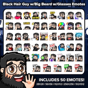 Black Hair Guy with Big Beard and Glasses Twitch Emotes MEGA Bundle for Streaming on Youtube, Discord, Kick, TikTok, Rumble | P2U Emojis