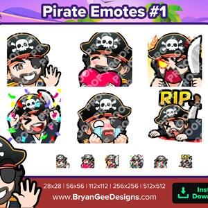 Pirate Twitch Emotes Black Hair Wave Love Heart Rage Angry HYPE Celebrate Sad Cry RIP for Streaming Youtube Discord Tiktok Premade Emotes