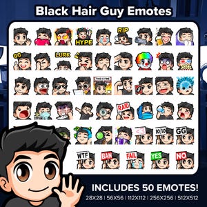 Black Hair Guy Twitch Emotes MEGA Bundle for Streaming, Youtube Emotes, Discord Emotes, Kick Emotes, TikTok Emotes, Rumble Emotes, Emojis