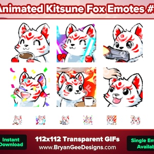 May include: Animated GIFs of a white fox with red markings. The fox is shown in different poses, including drinking coffee, holding a lightsaber, and wearing a hat. The GIFs are 112x112 pixels and transparent.