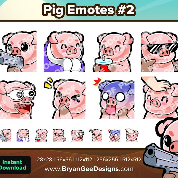 Pig Twitch Emotes Gun Cozy SIP Cool POG LUL Scared Head Pat for Streaming Youtube Discord TikTok P2U Premade Emotes