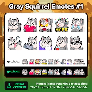 May include: A set of 12 gray squirrel emotes with different expressions, including happy, sad, angry, and surprised. The emotes are in various poses, such as holding a heart, drinking a soda, and wearing sunglasses. The emotes are available in five different sizes: 28x28, 56x56, 112x112, 256x256, and 512x512.