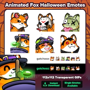Animated Fox Halloween Twitch Emotes Sneaky Devil Knife Chase Zombie Nom Cauldron Candy Hype Vampire POP for Streaming Discord Youtube P2U