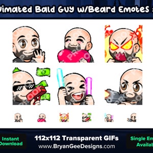 Animated Bald Guy with Beard Twitch Emotes Wave Love Rage Money Dono Glowstick Rave Shoot for Streaming Kick, Discord, Rumble