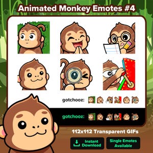 May include: A digital graphic featuring six animated monkey emotes with various expressions. The text "Animated Monkey Emotes #4" is at the top. The bottom of the image includes the text "gotchooz:" and "112x112 Transparent GIFs".