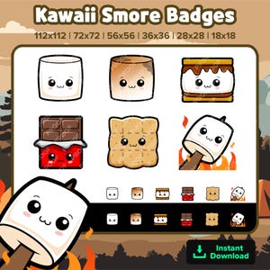 May include: A selection of Kawaii S'more Badges in various sizes, featuring cute marshmallow, chocolate, and biscuit designs. The badges include a marshmallow on a stick over a campfire, and the text "Instant Download".