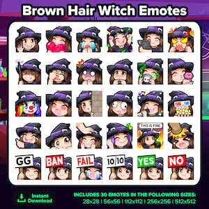 Brown Hair Witch Twitch Emotes MEGA Bundle for Streaming, Youtube Emotes, Discord Emotes, Kick Emotes, TikTok Emotes, Rumble, Emojis, P2U