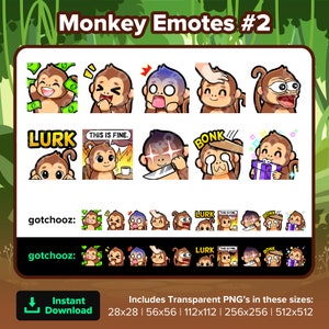 Monkey Twitch Emotes Dono Laughing Scared Head Pat POG Lurk This is Fine Hit Evil Knife Gift for Streaming Youtube Discord TikTok P2U