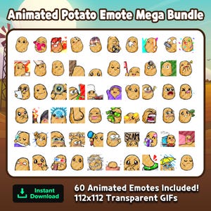 Könnte beinhalten: Ein animiertes Kartoffel-Emote-Mega-Paket mit 60 einzelnen digitalen Kartoffelcharakteren in verschiedenen Ausdrücken und Aktivitäten. Die Sammlung enthält 112x112 transparente GIFs. Der Text lautet Animated Potato Emote Mega Bundle.