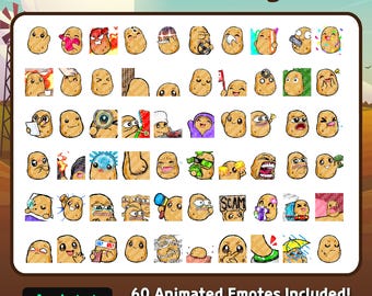 Animated Potato Emotes Mega Bundle – 60 Cute GIF Emotes for Twitch Discord Kick YouTube | Streamer Pack Cute Potato Emotes