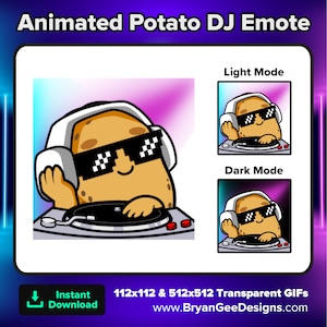 May include: Animated GIF of a potato wearing sunglasses and headphones, DJing on a turntable. The GIF is available in light and dark mode. The text "112x112 & 512x512 Transparent GIFs" and "www.BryanGeeDesigns.com" are also included in the image.