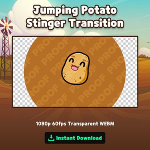 May include: A digital graphic featuring the text Jumping Potato Stinger Transition above a cartoon potato character with a smiling face. The central area shows a circular brown background with a checkerboard pattern and the text 1080p 60fps Transparent WEBM.