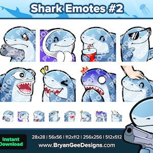 Shark Twitch Emotes Gun Cozy SIP Cool POG LUL Scared Head Pat for Streaming Youtube Discord TikTok Youtube Discord Kick Rumble