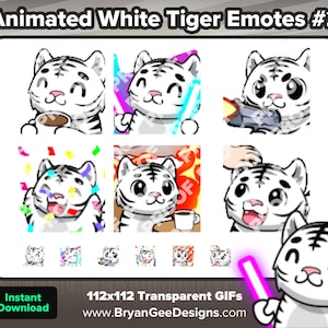 May include: Animated white tiger emotes in various poses, including drinking coffee, holding a lightsaber, and celebrating with confetti. The emotes are 112x112 pixels and are transparent GIFs. The text "Animated White Tiger Emotes #2" is at the top of the image. The text "112x112 Transparent GIFs" is at the bottom of the image. The text "www.BryanGeeDesigns.com" is below the text "112x112 Transparent GIFs".