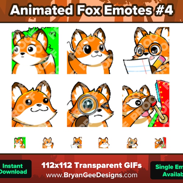 Animierte Fuchs Twitch Emotes Versteck Busch, Klatschen, Notizen, POP, Sus Lupe, Gamba für Twitch Youtube Discord zum Streamen