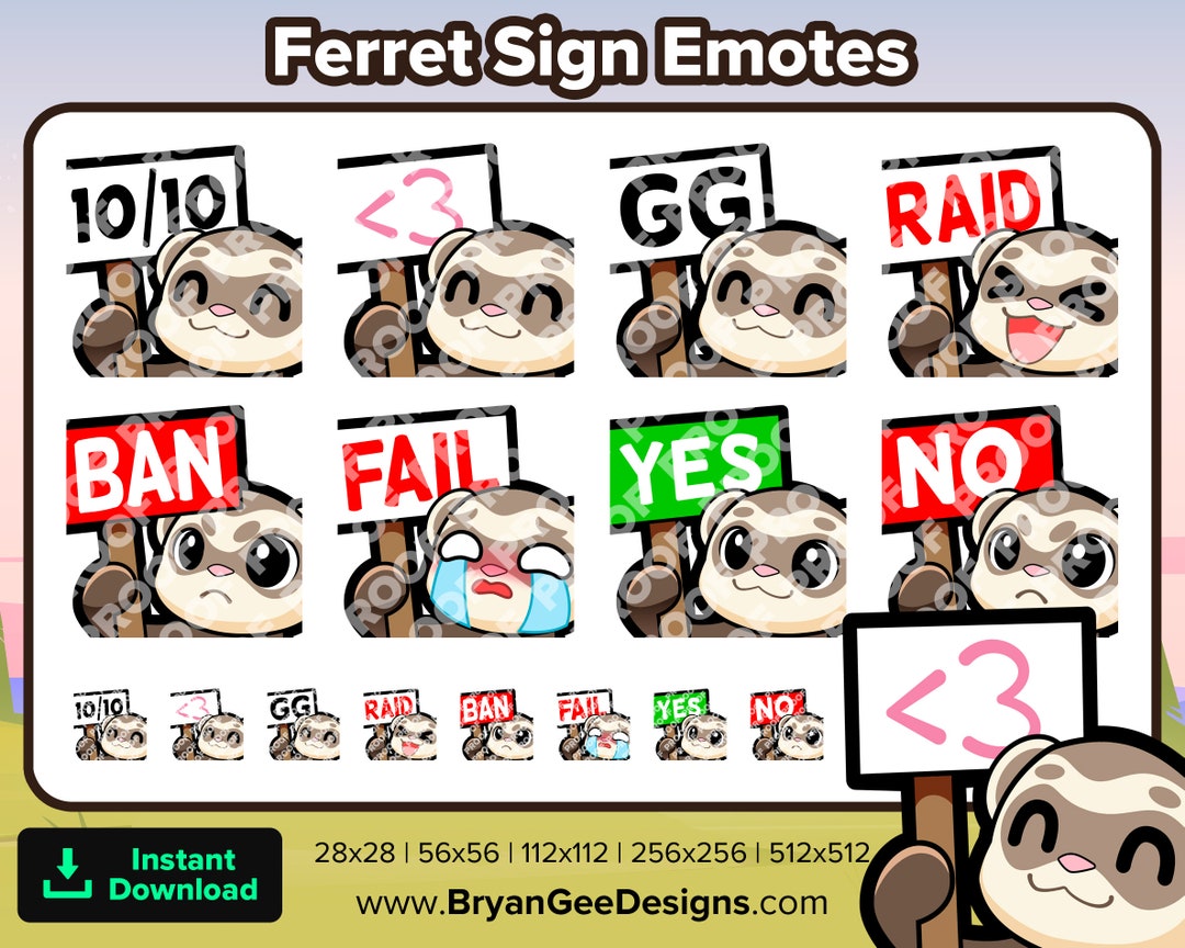 Ferret Twitch Emotes Heart Sign 10 Sign GG Sign Raid Sign Ban Sign Fail ...