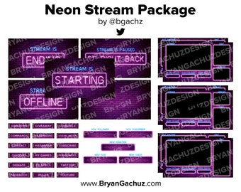 May include: A neon pink and blue Twitch stream package with a brick background. The package includes overlays for starting, ending, offline, and a chat screen. It also includes panels for about me, giveaway, schedule, new follower, new subscriber, new donation, new raid, and new cheer.
