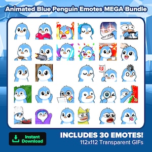 Animated Blue Penguin Twitch Emotes MEGA Bundle for Streaming, Youtube Emotes, Discord Emotes, Kick Emotes, TikTok Emotes, Rumble Emotes