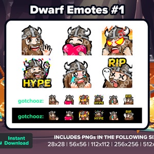 May include: A set of eight digital cartoon emotes featuring a dwarf with a beard and a horned helmet. The emotes depict different expressions, including a heart, hype, and RIP. The emotes are available in various sizes, including 28x28, 56x56, 112x112, 256x256, and 512x512 pixels.